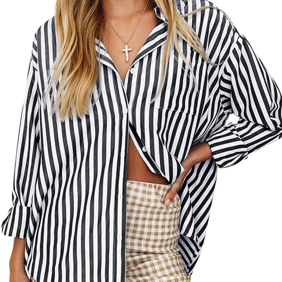 NWT thefabland Amazon Rayon Black Stripe Shirt Sz M - Picture 2 of 3